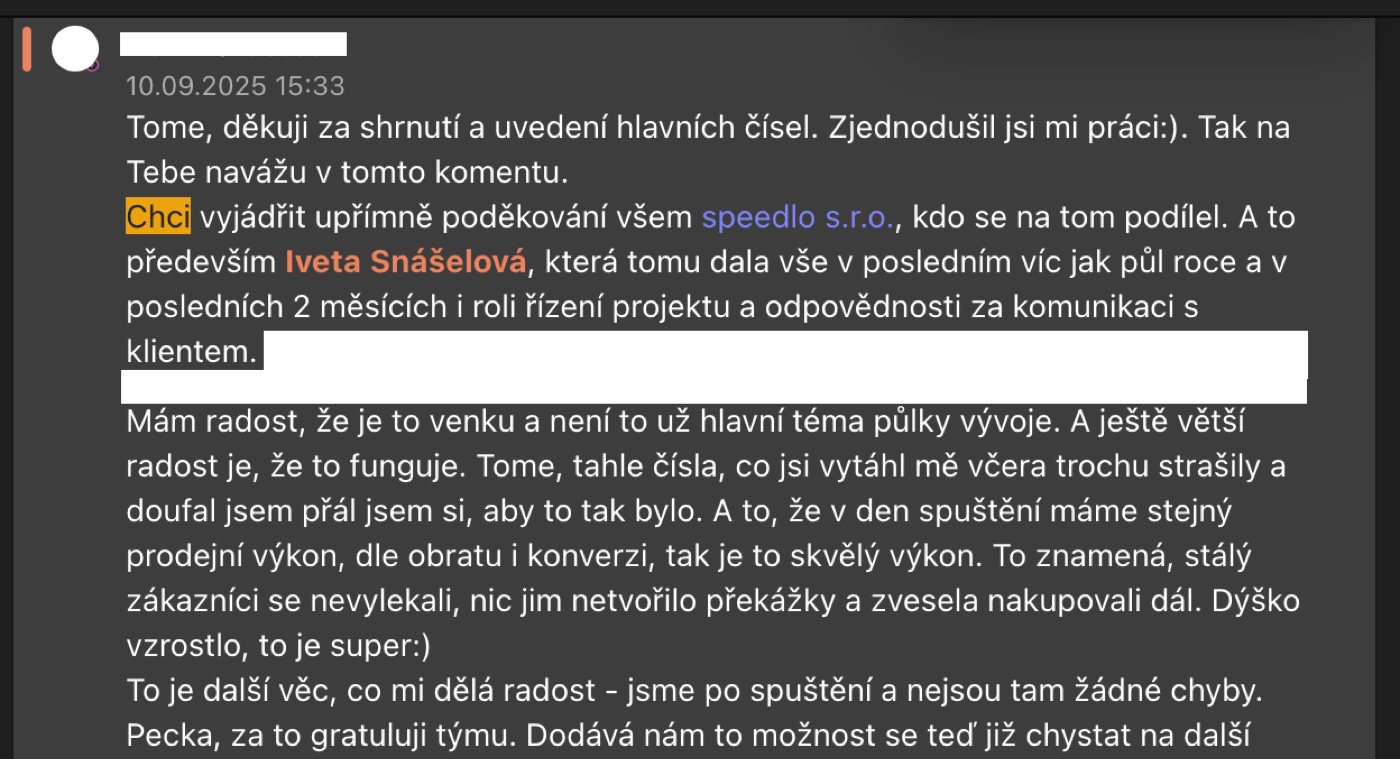 Snímek původní zprávy ze Slacku
